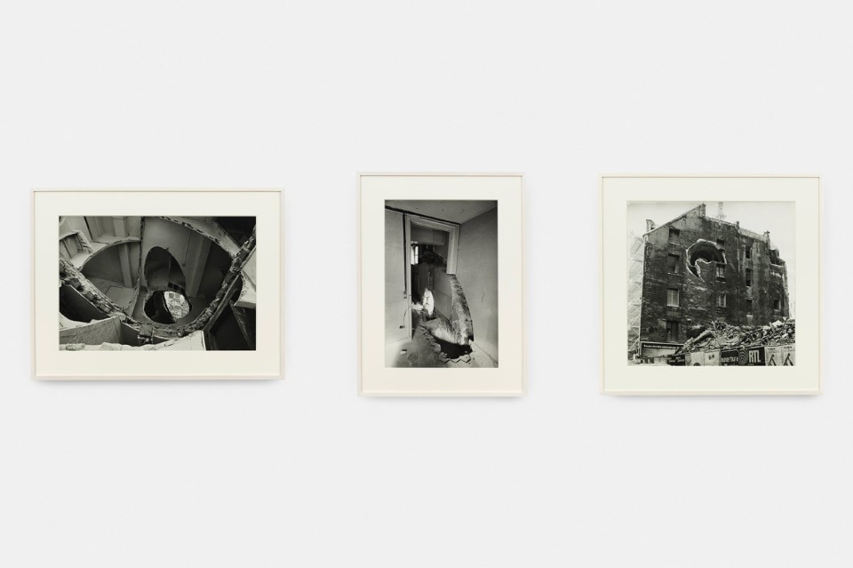 Gordon Matta-Clark, Conical Intersect, 1975. Gelatin silver prints, triptych. Left photo: 49.2 x 49.8 cm, center photo: 58.7 x 40.6 cm, right photo: 49.8 x 33.7 cm. Courtesy The Estate of Gordon Matta-Clark and Marian Goodman Gallery