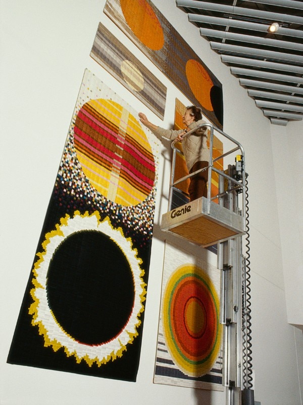 Lucienne Day viewing Aspects of the Sun (1990) at John Lewis coffee shop, Kingston-upon-Thames Copyright the Robin & Lucienne Day Foundation
