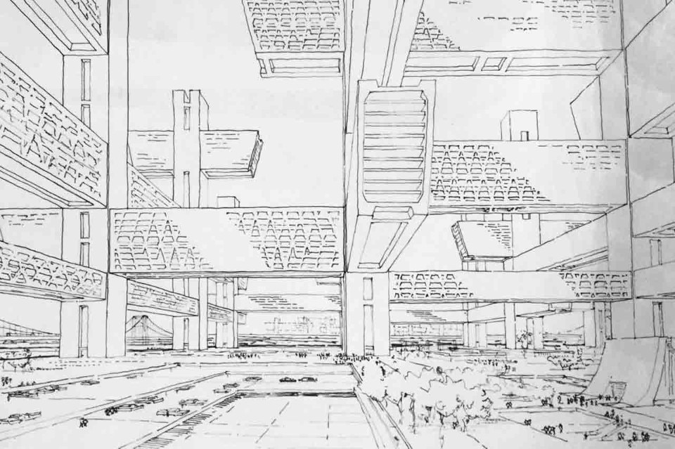 Kenzo Tange and Arata Isozaki, Office Building, plan for Tokyo, perspective of the office tower, 1960. Department of Urban Engineering, University of Tokyo