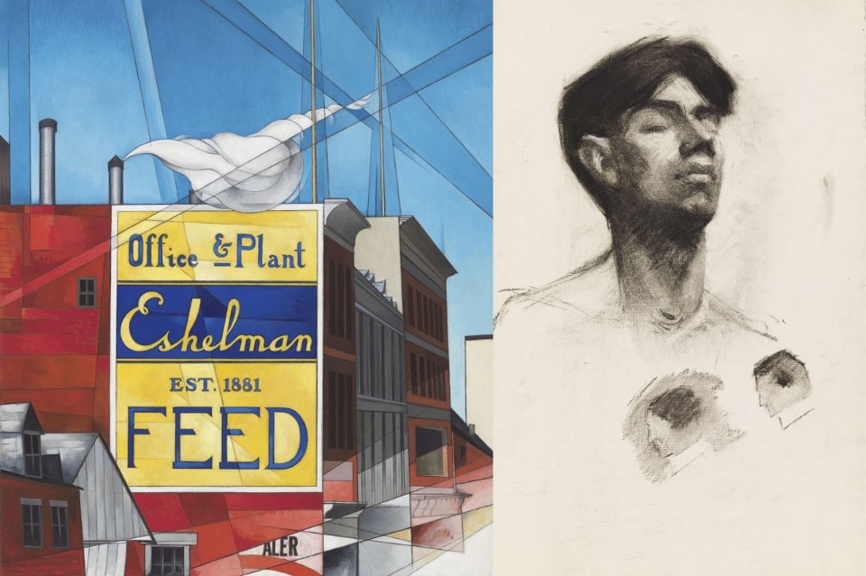 Left: Charles Demuth 1883–1935, Buildings, Lancaster, 1930. Right: Edward Hopper 1882–1967, Three studies: Man with Eyes Closed and Two Men’s Heads in Profile, 1899–1906
