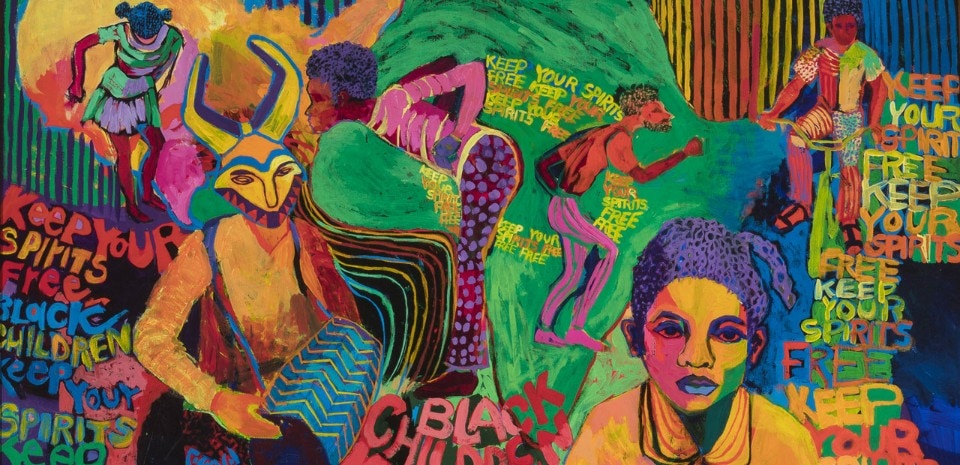 Carolyn Lawrence, Black Children Keep Your Spirits Free, 1972, acrylic paint on canvas. Courtesy of Carolyn Mims Lawrence