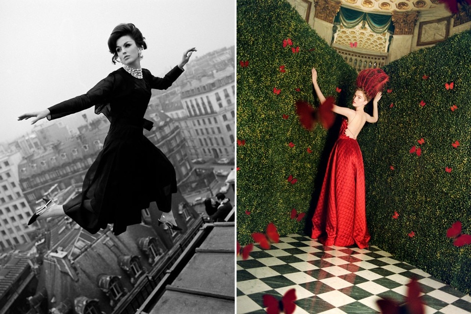 <b>Left</b>: Melvin Sokolsky, “Fly Dior”, Dorothy McGowan in a dress from the Spring‑Summer 1965 Haute Couture collection, Harper’s Bazaar, March 1965. © Melvin Sokolsky. <b>Right</b>: Michal Pudelka, Baiser rouge dress, Spring-Summer 2017 Haute Couture collection, model Ruth Bell. © Michal Pudelka