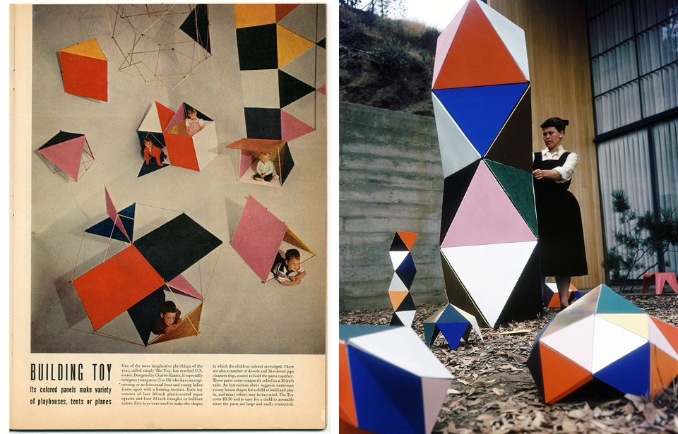 <b>Left</b>: Feature of The Toy in Life magazine, July 16, 1951. <b>Right</b>: Ray Eames with an early prototype of The Toy in the patio of the Eames House, 1950. © Eames Office LLC