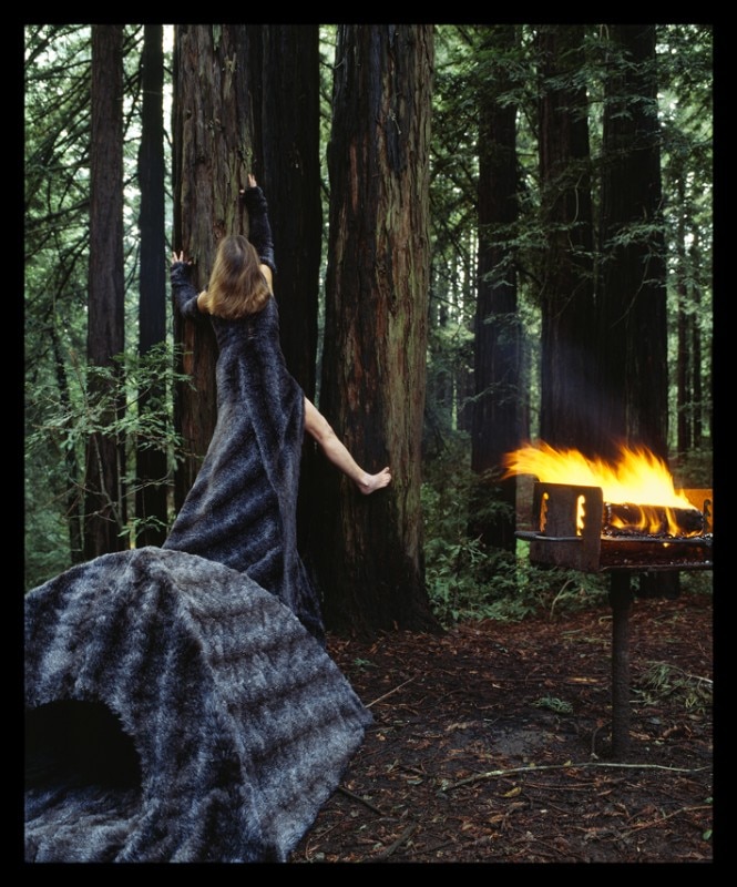  Robin Lasser + Adrienne Pao, Furry Dress Tent, installed in Oakland Hills Redwoods, Oakland, CA, 2005. Photograph: 30” W x 36” H Chromogenic Print.