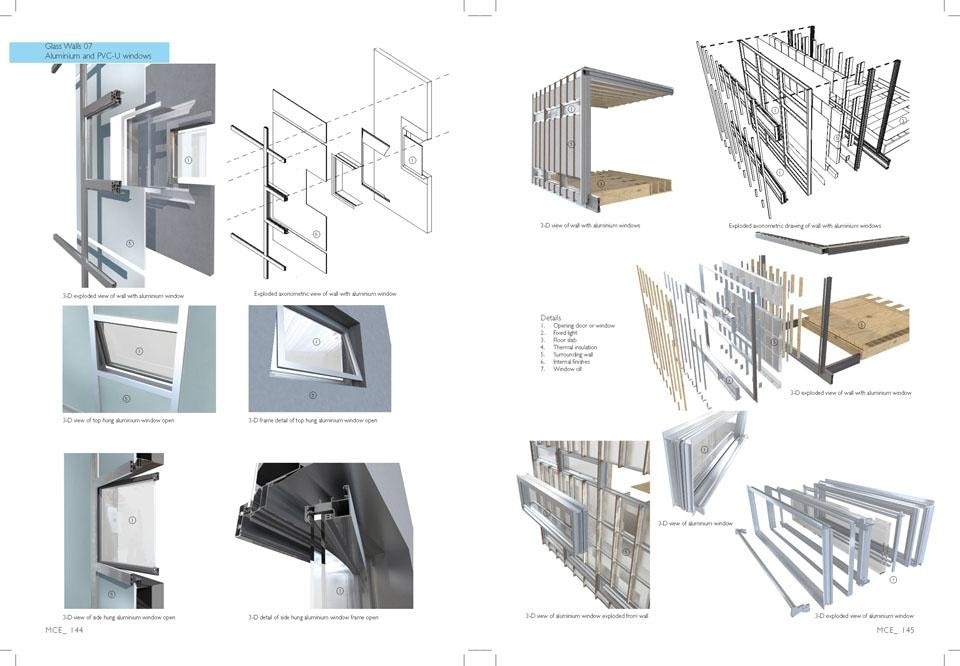 Left:  wall with operable aluminum sash, 3D representations, axonometric and technical details. Right: wall with structure in timber and metal, wood floor and aluminum window.