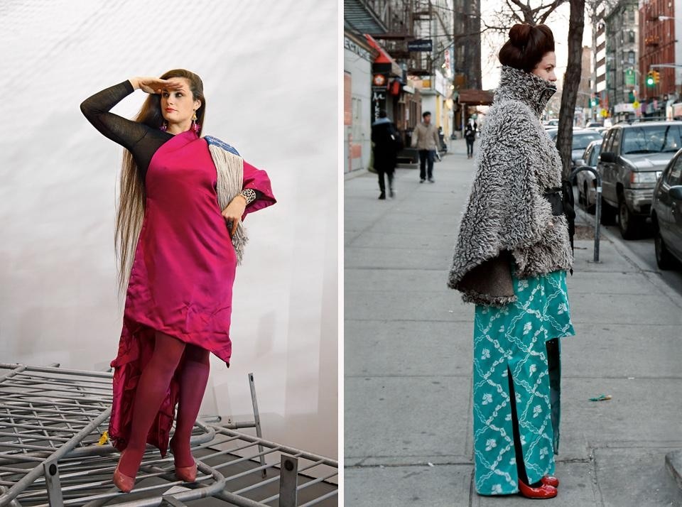 Left: Eva gazes towards a
new horizon of hopes
and possibilities, with a
seamless fuchsia silk dress
held together entirely
by safety pins. On her
shoulder, like a soldier’s
epaulettes, she holds a kind
of broom. Right: Eva wears a green
dress she made with the
woollen mattress cover
on which her parents
conceived her and her
siblings
