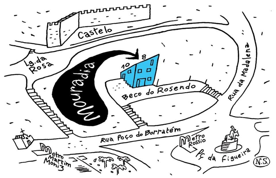 Artéria, Edificio-Manifesto, schizzo, quartiere di Mouraria, Lisbona, Portogallo, 2012. Illustrazione di Nuno Saraiva