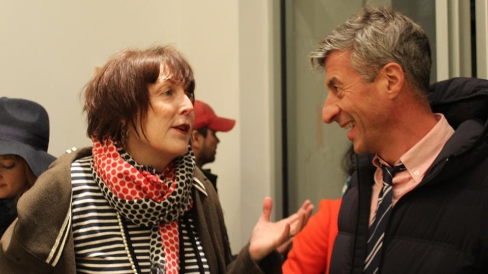 La curatrice Marilyn Minter e Maurizio Cattelan all'inaugurazione della mostra <i>Virgins Show</i>
