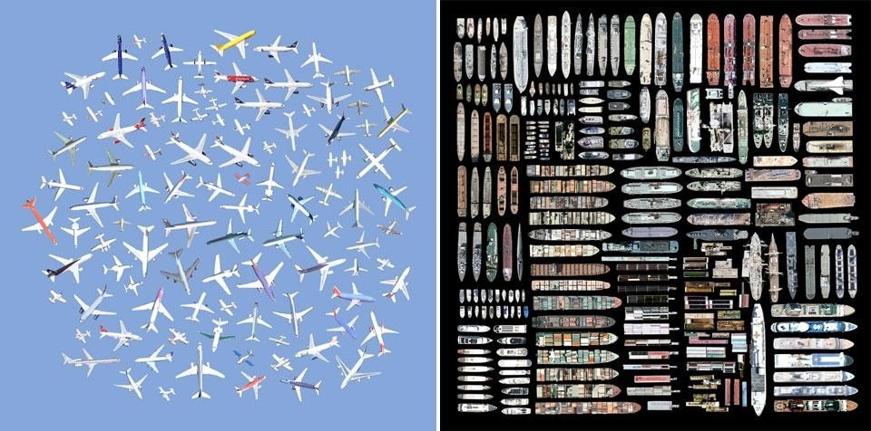 In apertura: Clement Valle, <i>Postcards from Google Earth</i>. Qui sopra: Jenny Odell, <i>Satellite Collections. Left, 104 airplanes</i>, a destra, <i>195 Yachts, Barges, Cargo Lines, Tankers and Other Ships</i>