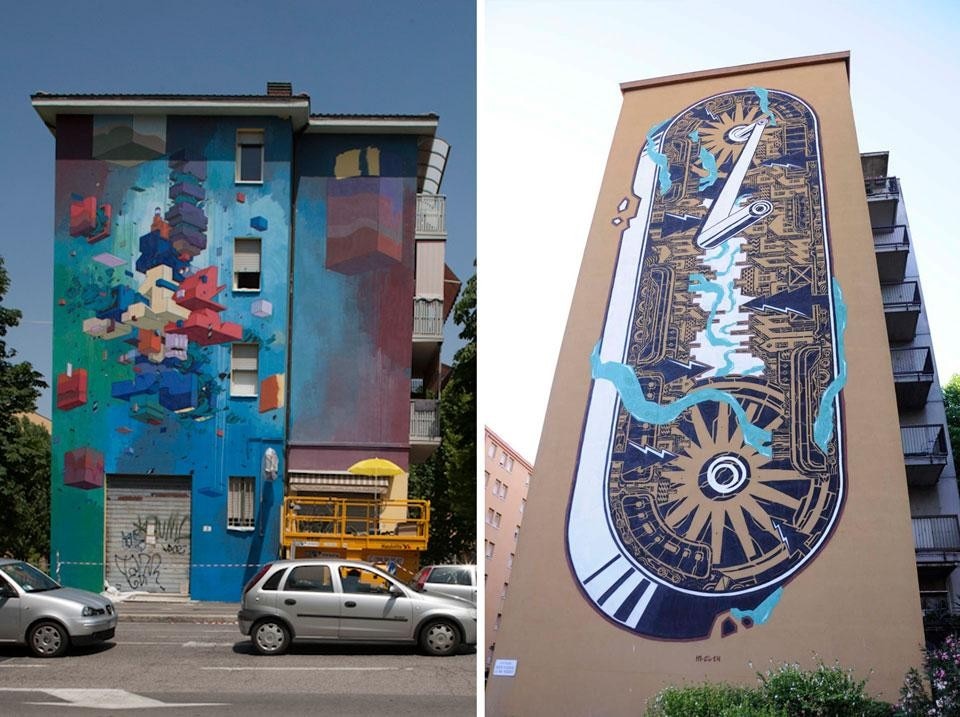 A sinistra: Etnik, via del Lavoro 3, Bologna. Fotografia © Marco Monetti; a destra: M-city, via Scipione dal Ferro, Bologna, 2012. Fotografia © Capuano/Monti/FAAB