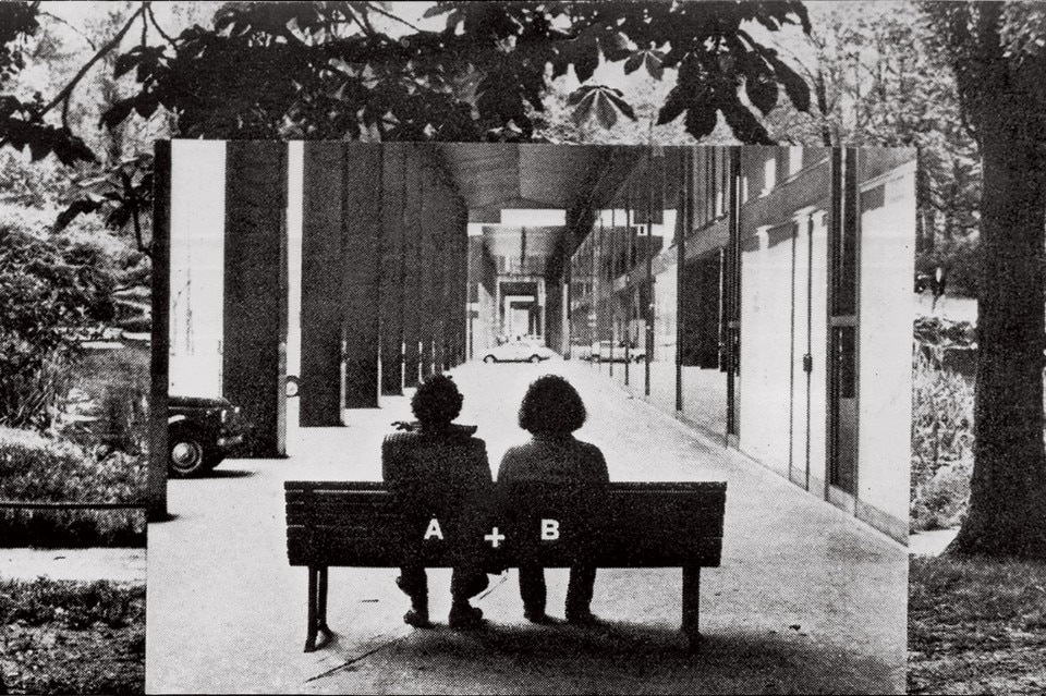 Ugo La Pietra, On the bench, 1972, stampa b/n, Courtesy Laura Bulian Gallery, Milano