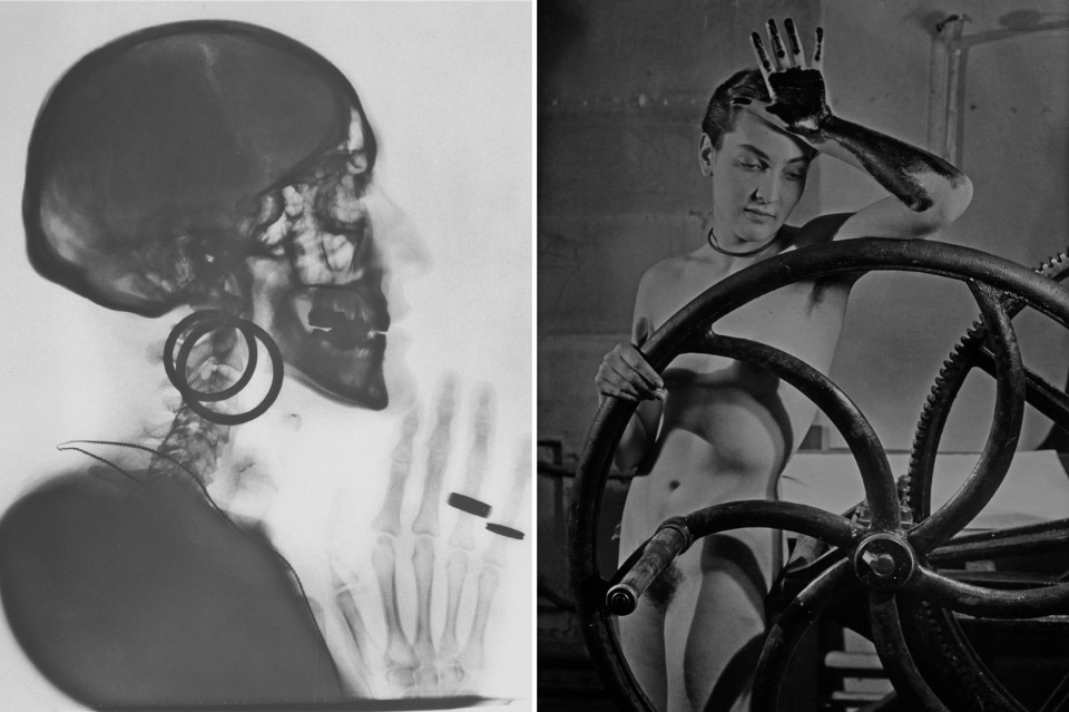 Left: Meret Oppenheim, Rîntgenaufnahme des Schoedels M.O., 1964. Right: Man Ray, Erotique voile, 1933