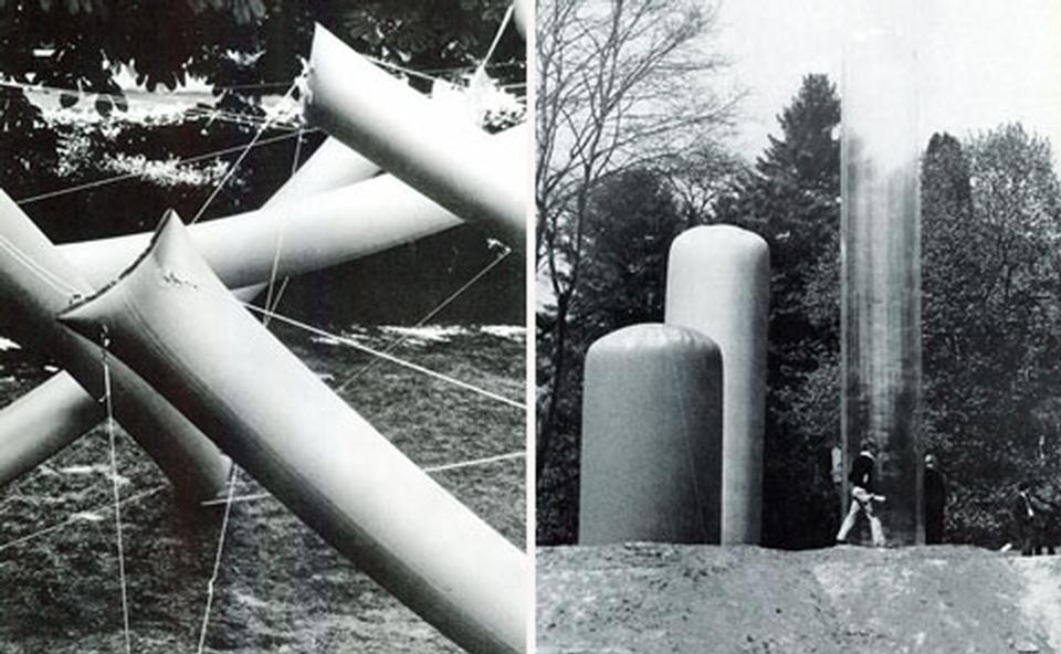 A sinistra: Struttura pneumatica di Jean Aubert, Jean-Paul Jungmann e Antonio Stinco a Parigi, 1967. A destra: sculture temporanee all’aperto in PVC colorato, alte da tre a otto metri, in un parco di Kapfenberg (Austria), disegnate da Hans Hollein, architetto.