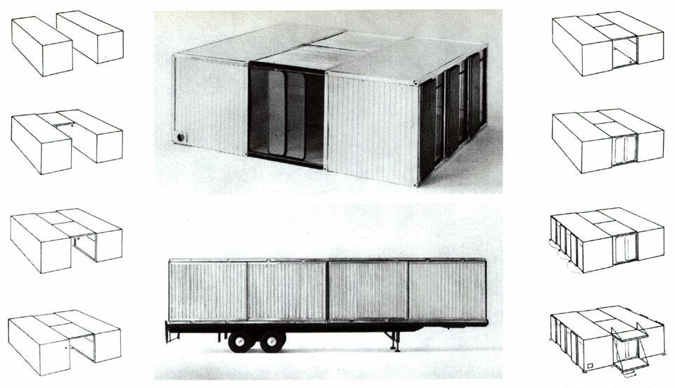 Dettaglio pagine interne Domus 467 / ottobre 1968.  Proposta di Wilfried Lubitz, fasi di montaggio della casa scaricata dal mezzo di trasporto