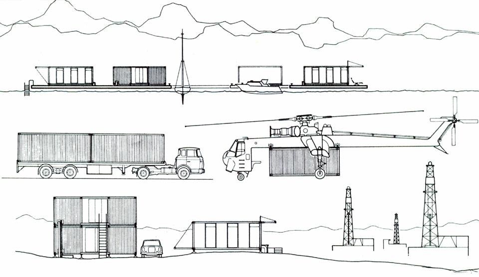 Dettaglio pagine interne Domus 467 / ottobre 1968. Proposta di Wilfried Lubitz, fasi di trasporto e montaggio della casa 
