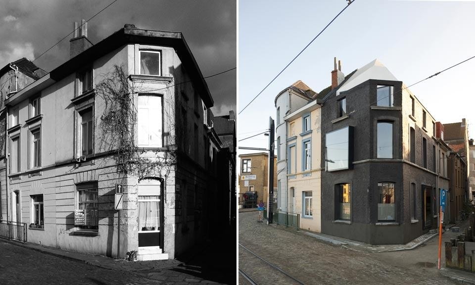 Graux & Baeyens architects, House G-S, Gent, Belgio. Vista della casa prima e dopo l'intervento
