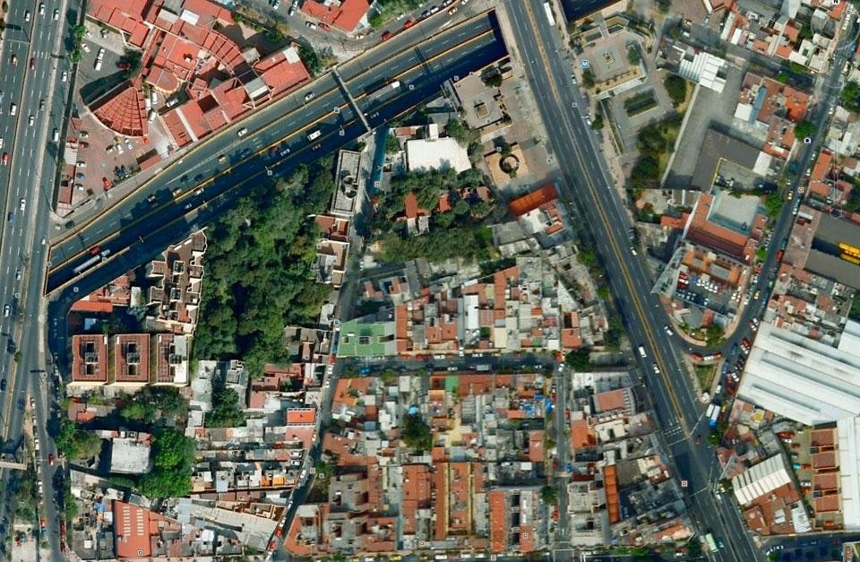 Vista aerea del sito di progetto del Padiglione Archivo a Città del Messico