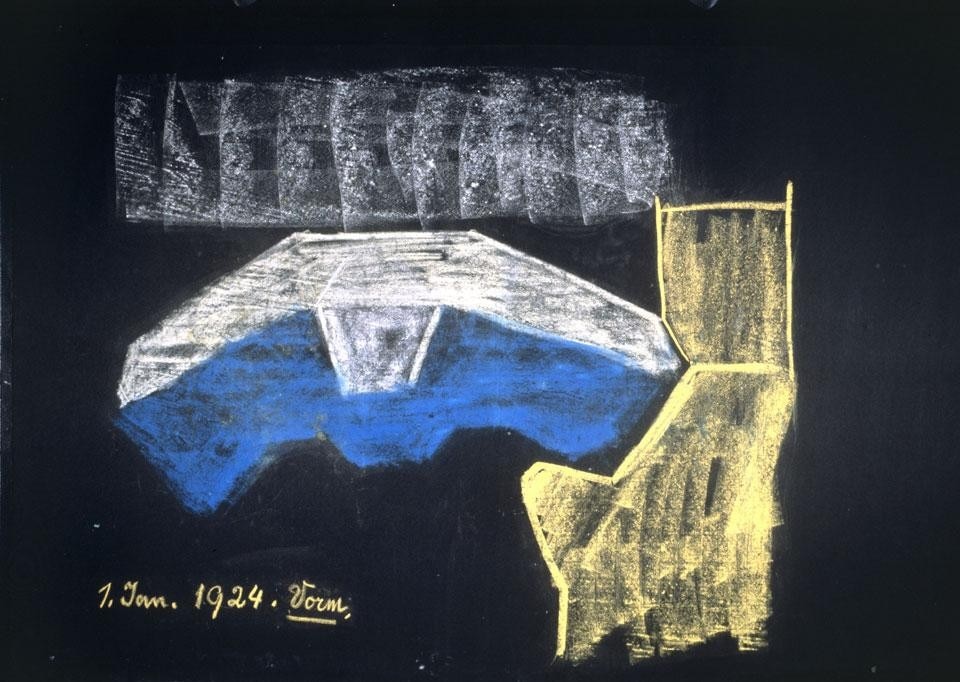 In apertura: Rudolf Steiner, <i>Wandtafelzeichnung</i>, 1923. Sopra: Rudolf Steiner, disegno alla lavagna con il motivo archetipico del secondo Goetheanum, 1924
