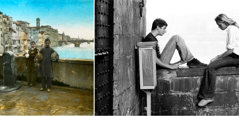 <b>A sinistra</b>: František Krátký, <i>Firenze, Fontana sul Ponte Vecchio</i>, 1897. <b>A destra</b>: Pavel Kopp, <i>Firenze, sul Ponte Vecchio</i>, 1975