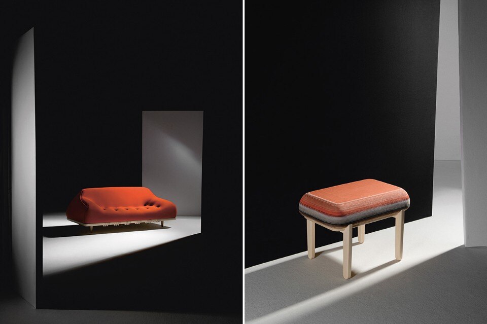 <b>Left</b>: Océane Delain, Mellow Sofa. <b>Right</b>: Sybille Berger and Delphine Mériaux, Pêle-mêle stool