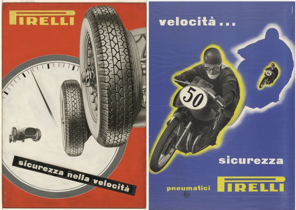 <b>A sinistra</b>: Pavel Michael Engelmann, bozzetto per pneumatici auto, 1952. <b>A destra</b>: Pavel Michael Engelmann, manifesto per pubblicita pneumatici moto, 1952