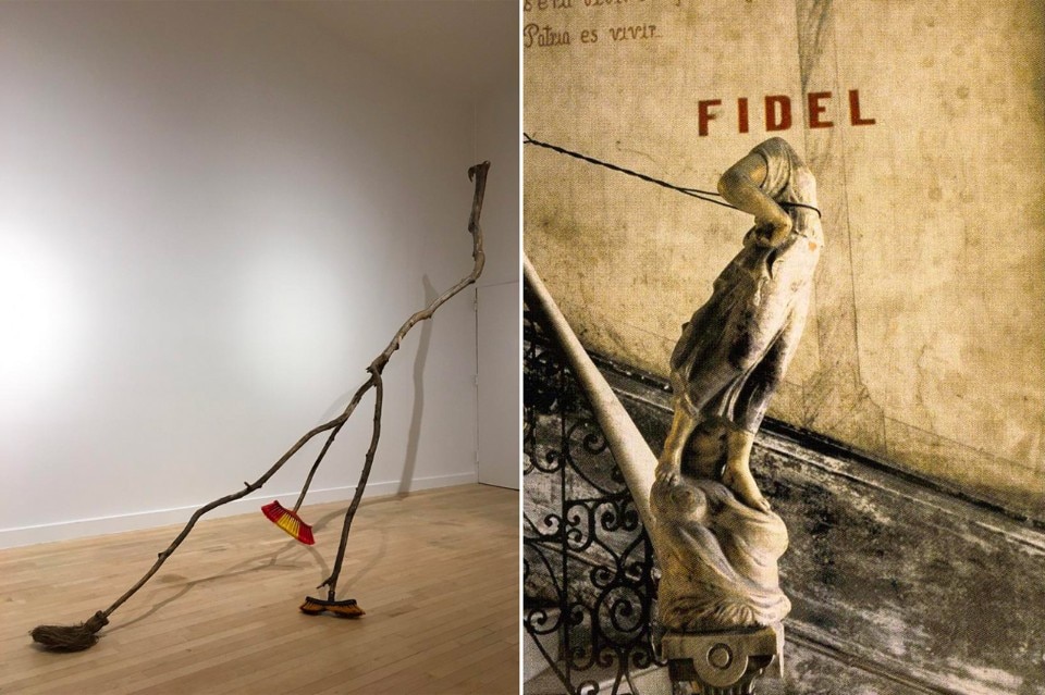  Humberto Diaz, Escobita Nueva (New Little Broom), 2014. Wood and plastic sculpture. The Bronx Museum of the Arts Permanent Collection, gift of the Hudgins Family. Right: Carlos Garaicoa, Untitled (Decapitated Angel), 1993, color photograph (detail). The Bronx Museum of the Arts Permanent Collection