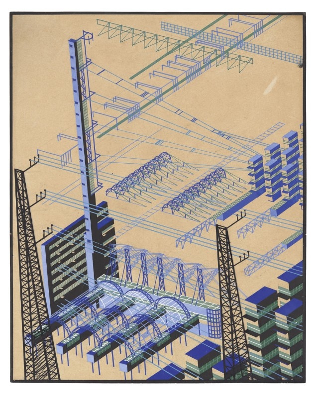   Yakov Chernikov, Composizione sul tema di una zona industriale con edifici e costruzioni di metallo, 1924-1933, carta, inchiostro, tempera, matita, merlano. Tchoban Foundation