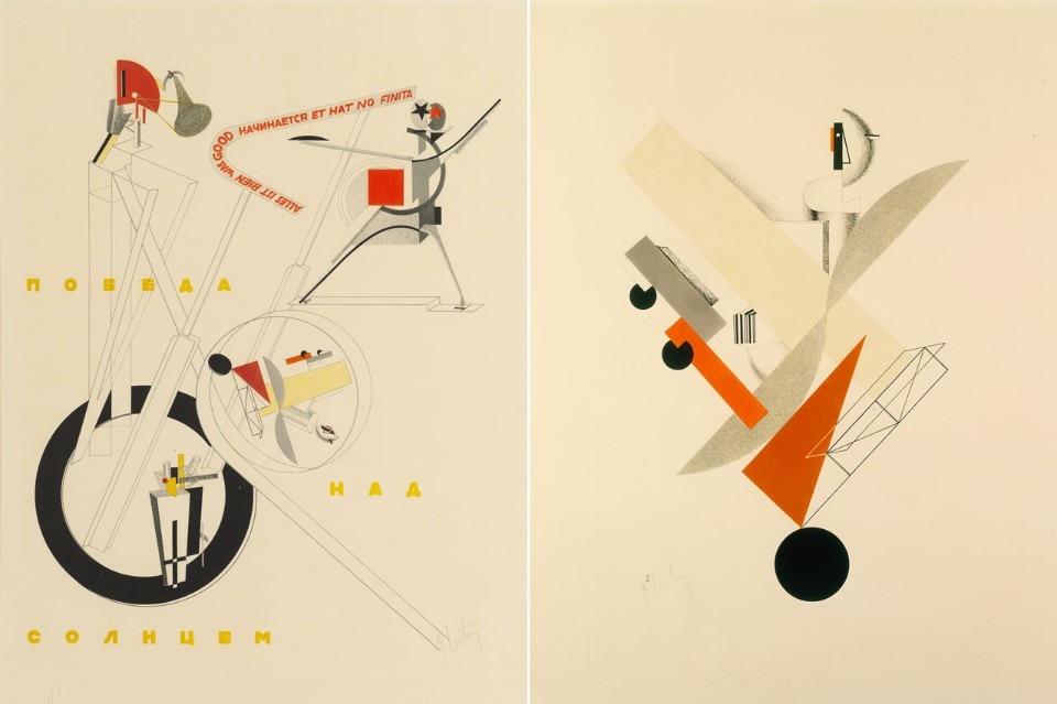 El Lissitzky, disegni del progetto tridimensionale dello spettacolo elettromeccanico "Victory over the Sun", 1923 