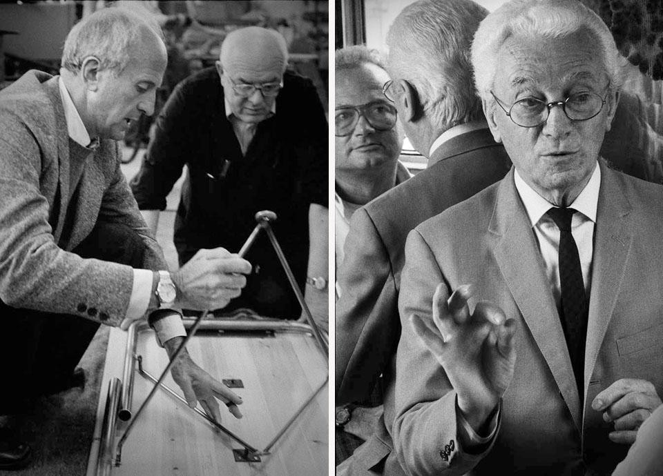 A sinistra: 1982 Roberto Menghi mette a punto un pezzo di arredamento con un artigiano mobiliere. A destra: 1986 Bruno Munari conversa con il figlio Alberto, psicologo