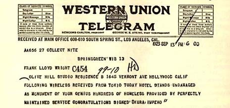 The Telegram, 1923 September 13. From: Frank Lloyd Wright, An Autobiography, op. cit.