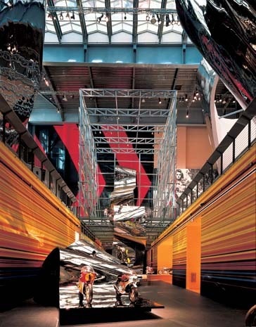 Gehry’s design for the Guggenheim’s inaugural Las Vegas show on the art of the motorcycle threatens to overwhelm Koolhaas’s museum. Photography by Michael Moran