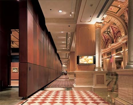 The Guggenheim showcases a selection of works from the St Petersburgh Hermitage Museum in a metal casket that collides with the flimsy plaster of the Las Vegas vernacular. Photography by Michael Moran