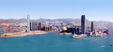General view of the Hong Kong seafront. A red line marks the boundaries of the project area




