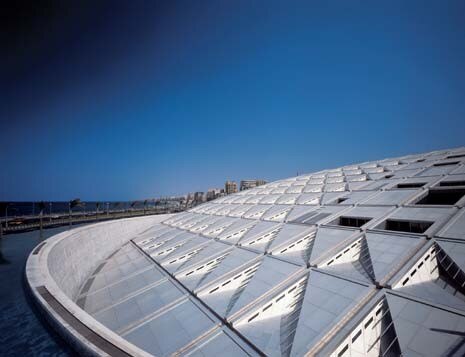 Specially made aluminium screens, left, shield the library from the direct effects of the hot Egyptian sun
