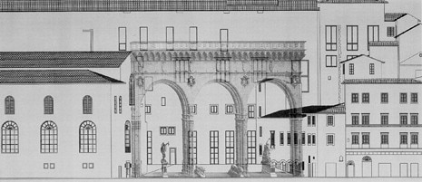 For the general plan and the proportions of the building Isozaki was inspired by the Loggia dei Lanzi in piazza Signoria (see image overlapping the Uffizi building). The choice of material for the operation – serena bluish sandstone – is clearly a reference to the Florentine historical tradition
