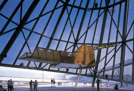 Inside one tower of the projct by Coop Himmelb(l)au you can hear sounds captured by microphones positioned in the area below, including the water, and mixed in an engineering booth suspended inside the structure