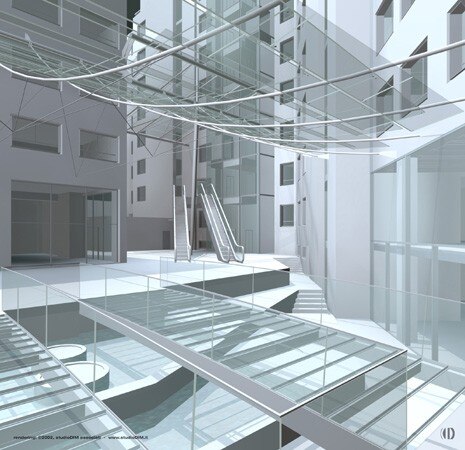 The multi-functional complex (offices, shops and restautant), Hines in Milan (2001). The design consisted in a "wrapping" of the old post office (25 000 square metres) in a transparent shell, opening up the street facade with a cut which allows a glimpse of the internal courtyards