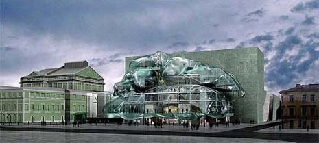 The project by Moss presented on 17 February 2002. Alongside the existing structure another building is planned of almost the same size. The design, a billowing glass and blue granite structure, was called ‘the rubbish bags’
