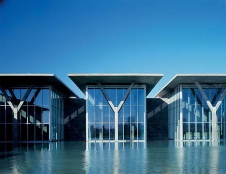 The sleek south front and the five jutting roof canopies to the west suggest a corporate campus, curtain-walled in glass and standing-seam aluminium