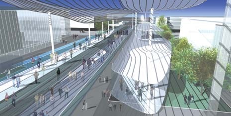 <b>Fiera</b>. Milan’s Exhibition Centre is being reorganised on two sites. The original site close to the city centre will shrink, with more than half the land sold off for development. Fuksas’s new building, above, at Rho-Pero includes 8 pavilions. The plan is to connect them by a two level road system. It includes 50 restaurants and 200 shops