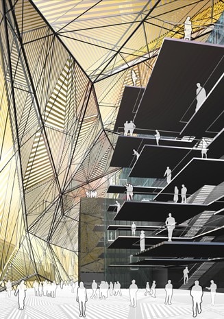 The building takes advantage of this distance between envelope and edifice, transforming its upper levels into terraces, balconies and belvederes. Photo copyright © Perrault Projets S.A. 

