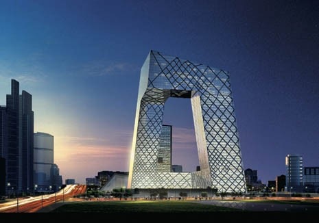 New HQ for CCTV, Rem Koolhaas. To be built on the site of a car factory, Koolhaas’ pair of leaning towers, connected by a pair of cantilevered bridges, will form the heart of Beijing’s emerging CBD