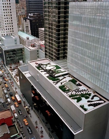 Ken Smith’s MoMA Roof Gardens. The design, based on a camouflage pattern, is a reminder to the viewer of the intrinsically artificial nature of urban landscapes. It is inaccessible the museum’s visitors
