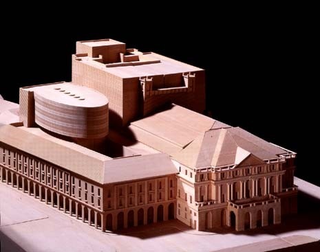 The model of Mario Botta’s plans, including a prominent new fly tower, and an elliptical roof top addition. From <i>Domus</i> 857 March 2003 