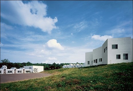 View of the two building types:
scattered cubes, and aligned
volumes with pitched roofs