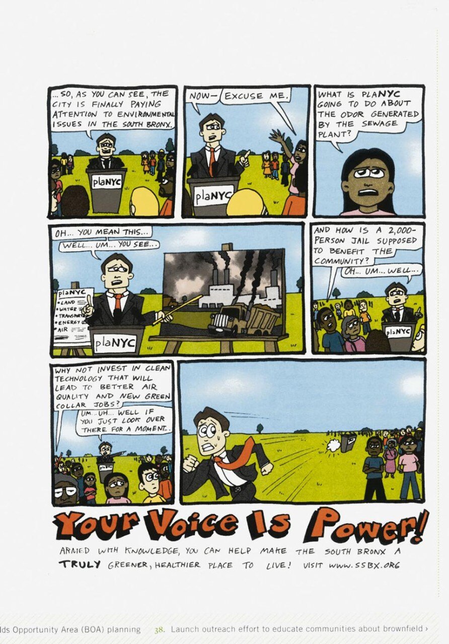 A sarcastic comic
strip about SSBX’s
green politics, Artwork
by Dustin Glick,
from The New York 2030
Notebook, edited by
Jeff Byles and Olympia
Kazi, Institute for
Urban Design, New York
2008

