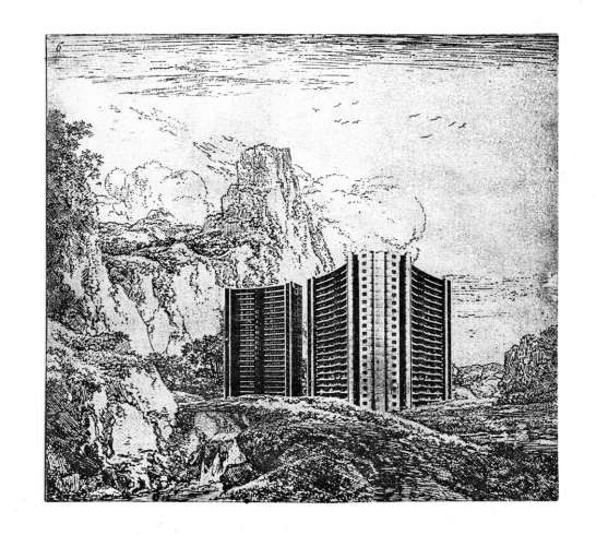 <i>Belief in the Age of Disbelief</i>, 2005. 
In the series Belief in the Age of Disbelief, Gaillard has introduced tower blocks into 17th-century Dutch landscape etchings. These postwar structures, once symbols of utopian promise that have now come to represent racial conflict, urban decay, criminality and violence, have been seamlessly assimilated into a rural idyll. The original etchings are by Rembrandt (Paysage aux Trois Arbres), Anthonie Waterloo (Arbre Incliné), as well as Jan Hackaert and Hubert Robert. Courtesy Cosmic Galerie (Bugada & Cargnel), Paris 
