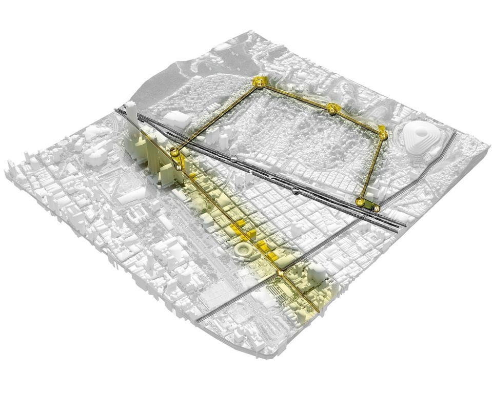 Metro Cable
connects to the Caracas
public transportation
system; the yellow areas
mark the integration
zones between the two.
The five new stations are
not only transit stops: they
also include space for
sport, culture, education,
administration, commerce
and public greenery