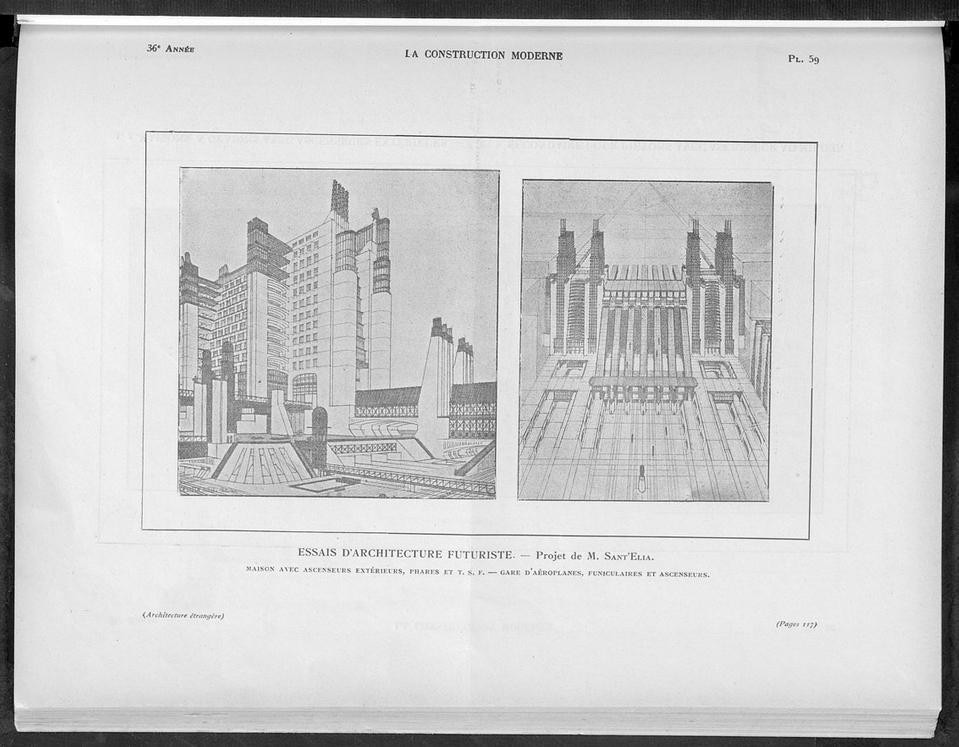 Antonio Sant’Elia, design for a Futurist Architecture manifesto, 1914. © Bibliothèque de la Cité de l’architecture et du patrimoine / La construction moderne, volume 2, 1921