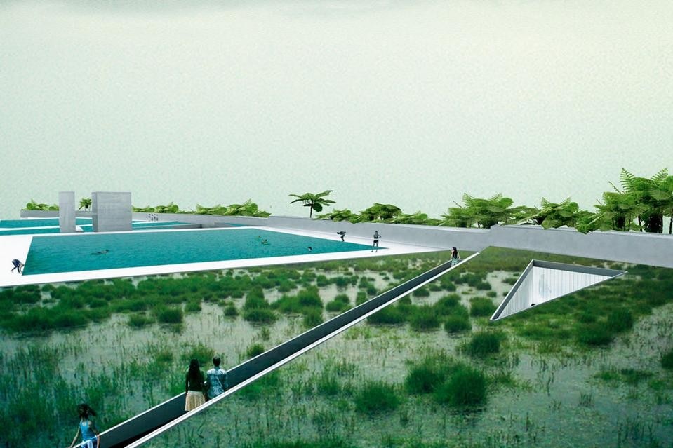 Edgar Mazo, Sebastian
Mejia and Luis Callejas
of Paisajes Emergentes started
their design from a poetic
image: a landscape in which
the pools are surrounded
by flooded enclosures.
As they say: “We’re especially
interested in architecture
that has the purpose of
dissolving the programme
behind a new ecosystem.”
Edgar Mazo, Sebastian
Mejia and Luis Callejas
of Paisajes Emergentes started
their design from a poetic
image: a landscape in which
the pools are surrounded
by flooded enclosures.
As they say: “We’re especially
interested in architecture
that has the purpose of
dissolving the programme
behind a new ecosystem.”